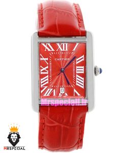 ساعت کارتیه مردانه تانک قاب استیل صفحه قرمز چرم قرمز Cartier Tank 021682