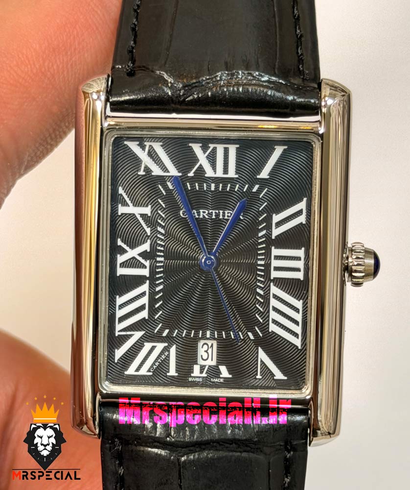 ساعت کارتیه مردانه تانک قاب استیل بند چرم مشکی صفحه مشکی Cartier Tank 021693
