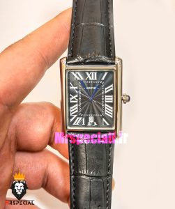 ساعت کارتیه مردانه تانک قاب استیل بند چرم مشکی صفحه مشکی Cartier Tank 021693