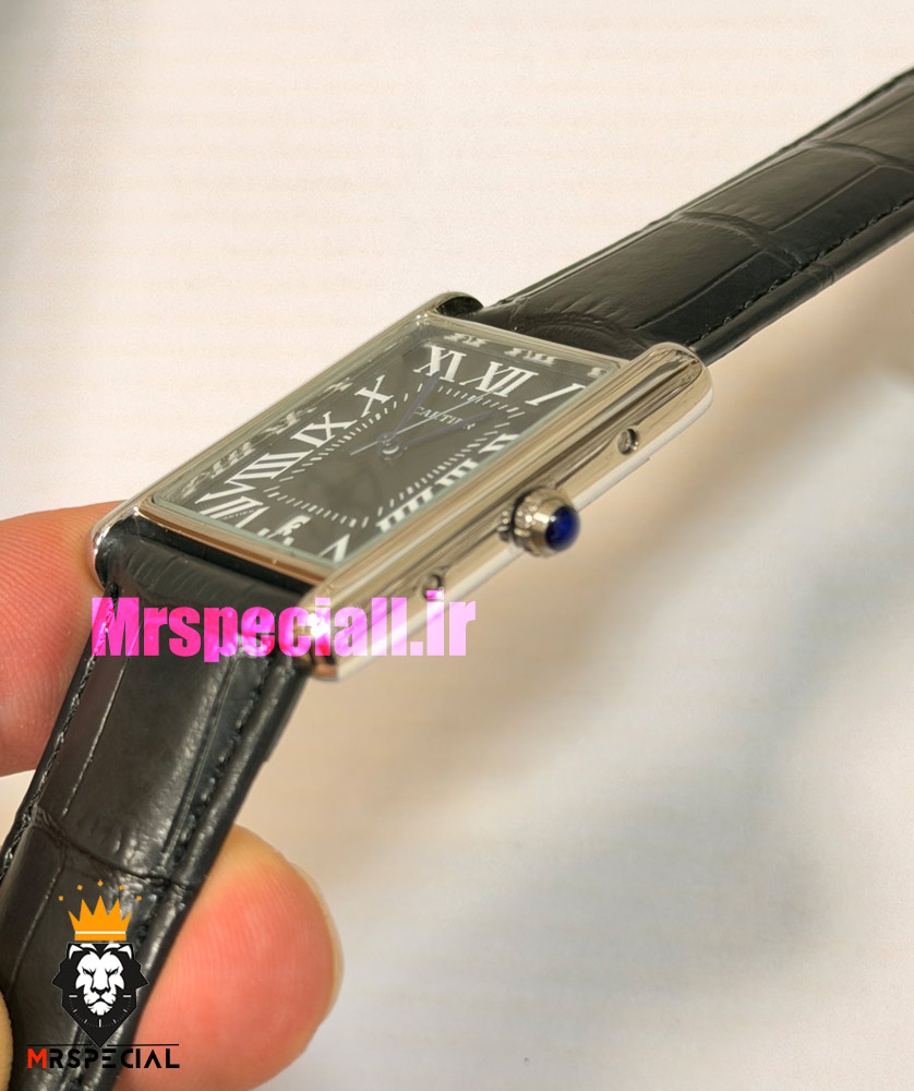 ساعت کارتیه مردانه تانک قاب استیل بند چرم مشکی صفحه مشکی Cartier Tank 021693
