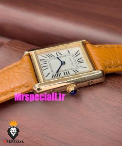 ساعت کارتیه زنانه مدل تانک کیفیت مستر قاب رزگلد بند چرم قهوه ای Cartier Tank 021046 