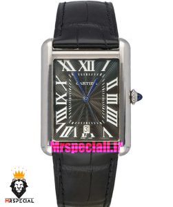 ساعت کارتیه مردانه تانک قاب استیل بند چرم مشکی صفحه مشکی Cartier Tank 021693