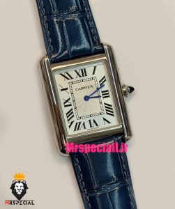 ساعت کارتیه مردانه تانک قاب استیل بند چرم سورمه ای صفحه سفید Cartier Tank 021703