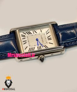 ساعت کارتیه مردانه تانک قاب استیل بند چرم سورمه ای صفحه سفید Cartier Tank 021703