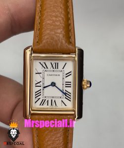 ساعت کارتیه زنانه مدل تانک کیفیت مستر قاب رزگلد بند چرم قهوه ای Cartier Tank 021046 