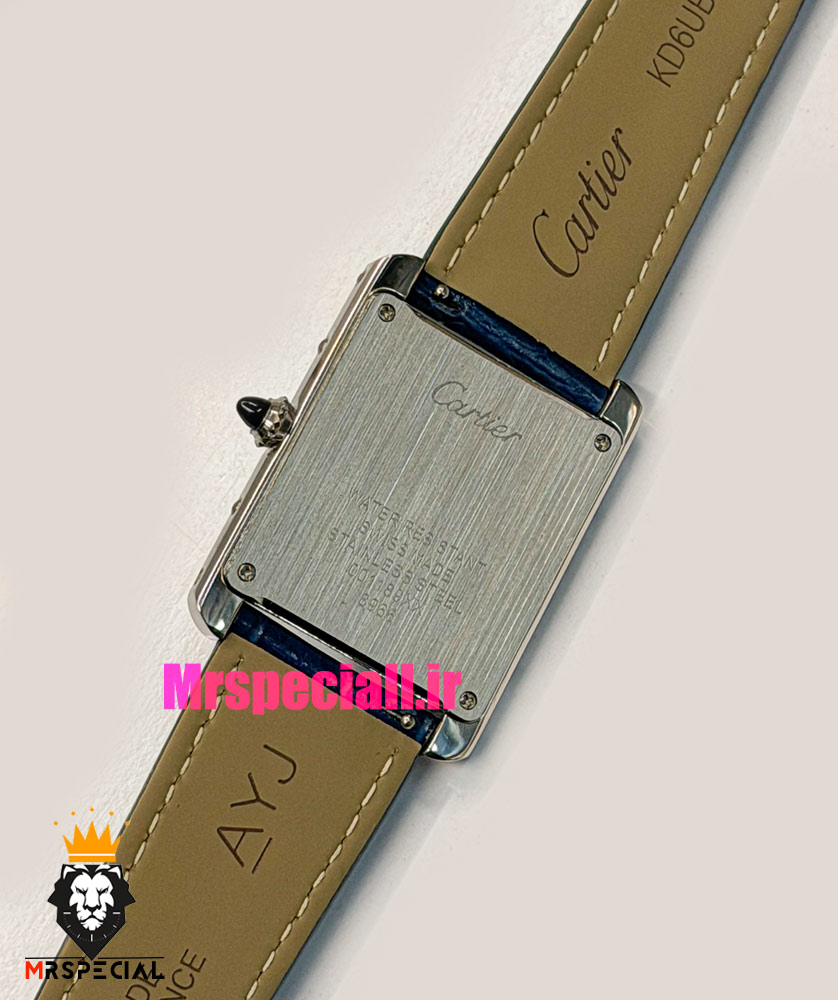ساعت کارتیه مردانه تانک قاب استیل بند چرم سورمه ای صفحه سفید Cartier Tank 021703