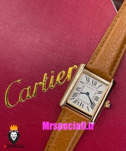 ساعت کارتیه زنانه مدل تانک کیفیت مستر قاب رزگلد بند چرم قهوه ای Cartier Tank 021046 