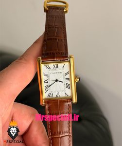 ساعت کارتیه مردانه تانک قاب طلایی بند چرم قهوه ای صفحه سفید Cartier Tank 021702