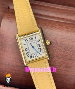 ساعت کارتیه زنانه مدل تانک کیفیت مستر قاب طلایی بند چرم کاراملی Cartier Tank 021041 