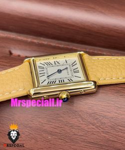 ساعت کارتیه زنانه مدل تانک کیفیت مستر قاب طلایی بند چرم کاراملی Cartier Tank 021041 