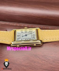 ساعت کارتیه زنانه مدل تانک کیفیت مستر قاب طلایی بند چرم کاراملی Cartier Tank 021041 