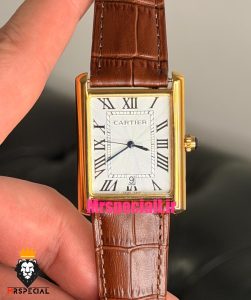 ساعت کارتیه مردانه تانک قاب طلایی بند چرم قهوه ای صفحه سفید Cartier Tank 021702