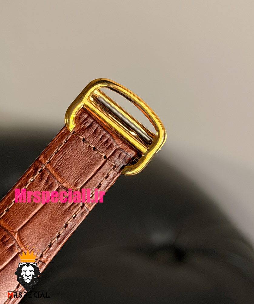 ساعت کارتیه مردانه تانک قاب طلایی بند چرم قهوه ای صفحه سفید Cartier Tank 021702