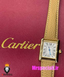ساعت کارتیه زنانه مدل تانک کیفیت مستر قاب طلایی بند چرم کاراملی Cartier Tank 021041 