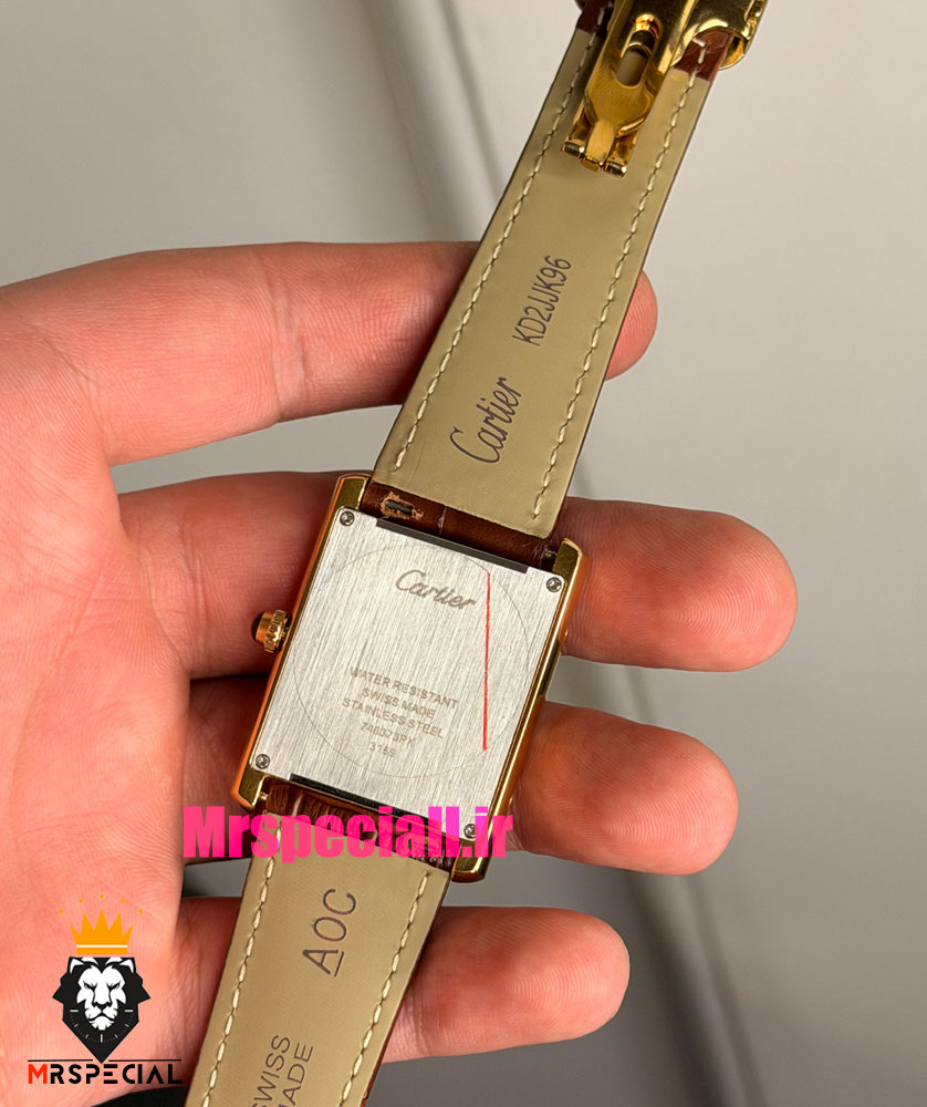 ساعت کارتیه مردانه تانک قاب طلایی بند چرم قهوه ای صفحه سفید Cartier Tank 021702