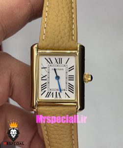 ساعت کارتیه زنانه مدل تانک کیفیت مستر قاب طلایی بند چرم کاراملی Cartier Tank 021041 
