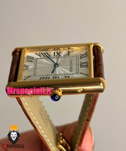 ساعت کارتیه مردانه تانک قاب طلایی بند چرم قهوه ای صفحه سفید Cartier Tank 021702