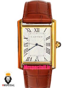 ساعت کارتیه مردانه تانک قاب طلایی بند چرم قهوه ای صفحه سفید Cartier Tank 021702