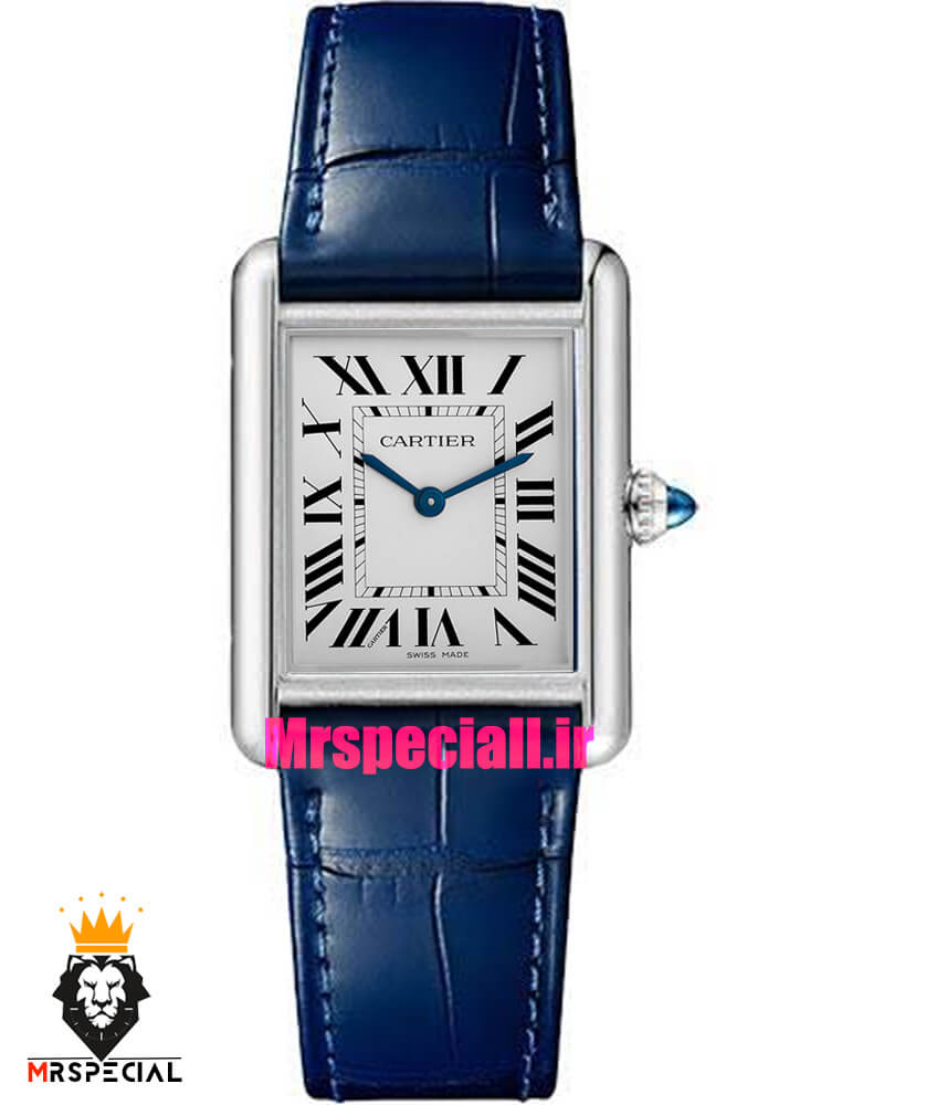ساعت کارتیه مردانه تانک قاب استیل بند چرم سورمه ای صفحه سفید Cartier Tank 021703