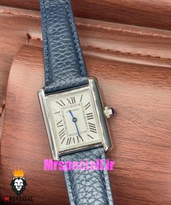 ساعت کارتیه زنانه مدل تانک کیفیت مستر قاب استیل بند چرم سورمه ای Cartier Tank 021043