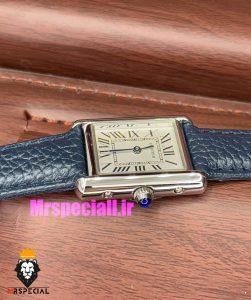 ساعت کارتیه زنانه مدل تانک کیفیت مستر قاب استیل بند چرم سورمه ای Cartier Tank 021043 