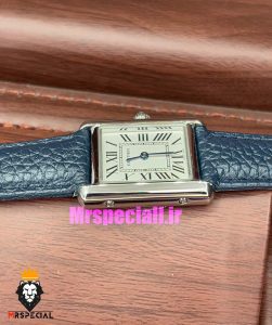 ساعت کارتیه زنانه مدل تانک کیفیت مستر قاب استیل بند چرم سورمه ای Cartier Tank 021043