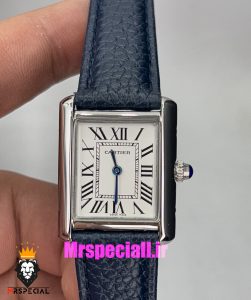 ساعت کارتیه زنانه مدل تانک کیفیت مستر قاب استیل بند چرم سورمه ای Cartier Tank 021043 