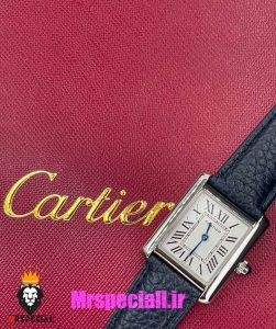 ساعت کارتیه زنانه مدل تانک کیفیت مستر قاب استیل بند چرم سورمه ای Cartier Tank 021043