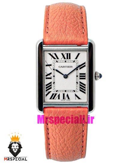 ساعت کارتیه زنانه مدل تانک کیفیت مستر قاب استیل بند چرم کاراملی Cartier Tank 021042