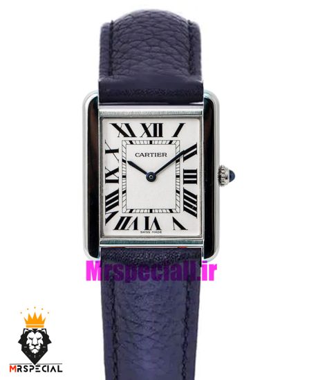 ساعت کارتیه زنانه مدل تانک کیفیت مستر قاب استیل بند چرم سورمه ای Cartier Tank 021043