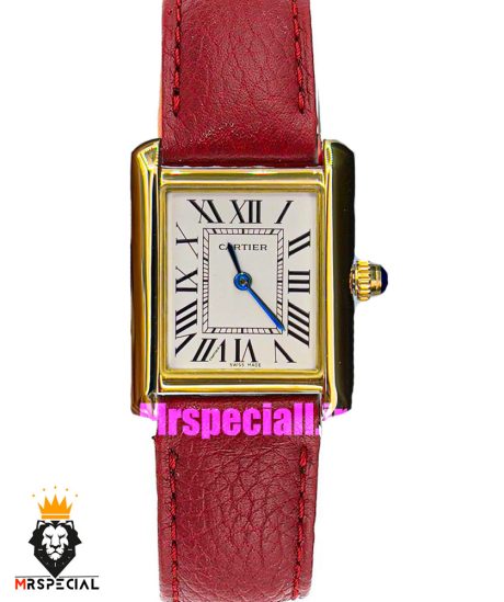 ساعت کارتیه زنانه مدل تانک کیفیت مستر قاب طلایی بند چرم قرمز Cartier Tank 021044