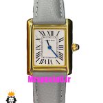 ساعت کارتیه زنانه مدل تانک کیفیت مستر قاب طلایی بند چرم طوسی Cartier Tank 021045