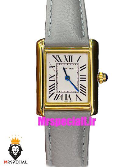 ساعت کارتیه زنانه مدل تانک کیفیت مستر قاب طلایی بند چرم طوسی Cartier Tank 021045