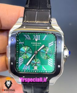 ساعت کارتیه مردانه مدل دسانتوس کرنوگراف بند چرم قاب مشکی صفحه سبز 021134 Cartier Santos de 