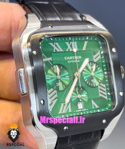 ساعت کارتیه مردانه مدل دسانتوس کرنوگراف بند چرم قاب مشکی صفحه سبز 021134 Cartier Santos de 