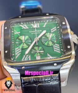 ساعت کارتیه مردانه مدل دسانتوس کرنوگراف بند چرم قاب مشکی صفحه سبز 021134 Cartier Santos de 