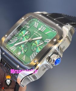 ساعت کارتیه مردانه مدل دسانتوس کرنوگراف بند چرم قاب مشکی صفحه سبز 021134 Cartier Santos de 