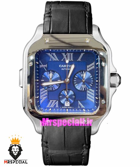 ساعت کارتیه مردانه مدل دسانتوس کرنوگراف بند چرم قاب استیل صفحه ابی 021133 Cartier Santos de