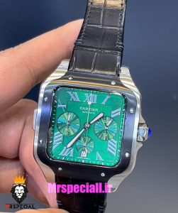 ساعت کارتیه مردانه مدل دسانتوس کرنوگراف بند چرم قاب مشکی صفحه سبز 021134 Cartier Santos de 