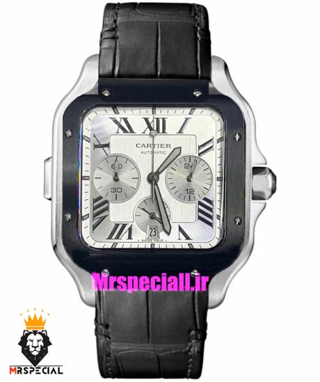 ساعت کارتیه مردانه مدل دسانتوس کرنوگراف بند چرم قاب استیل صفحه سفید 021131 Cartier Santos de