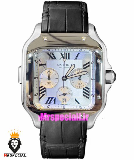 ساعت کارتیه مردانه مدل دسانتوس کرنوگراف بند چرم قاب استیل صفحه سفید 021132 Cartier Santos de