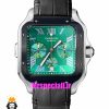 ساعت کارتیه مردانه مدل دسانتوس کرنوگراف بند چرم قاب مشکی صفحه سبز 021134 Cartier Santos de