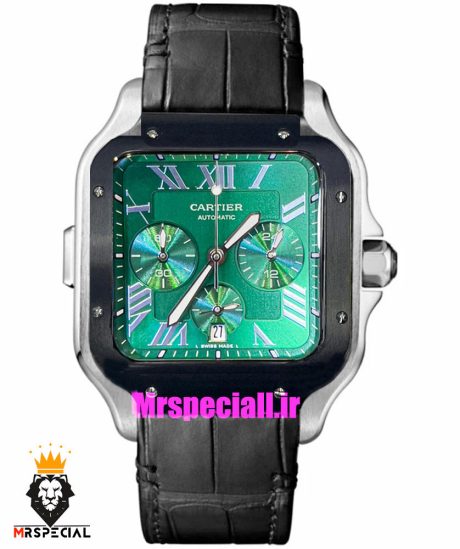 ساعت کارتیه مردانه مدل دسانتوس کرنوگراف بند چرم قاب مشکی صفحه سبز 021134 Cartier Santos de