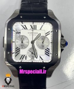 ساعت کارتیه مردانه مدل دسانتوس کرنوگراف بند چرم قاب استیل صفحه سفید 021131 Cartier Santos de