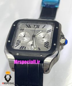 ساعت کارتیه مردانه مدل دسانتوس کرنوگراف بند چرم قاب استیل صفحه سفید 021131 Cartier Santos de