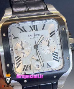 ساعت کارتیه مردانه مدل دسانتوس کرنوگراف بند چرم قاب استیل صفحه سفید 021131 Cartier Santos de