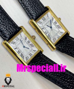 ساعت ست مردانه و زنانه کارتیه مدل تانک بند چرم مشکی صفحه سفید قاب طلایی Cartier Tank 020699