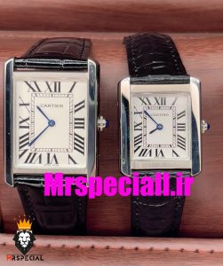 ساعت ست مردانه و زنانه کارتیه مدل تانک بند چرم مشکی صفحه سفید Cartier Tank 020658 