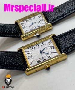 ساعت ست مردانه و زنانه کارتیه مدل تانک بند چرم مشکی صفحه سفید قاب طلایی Cartier Tank 020699