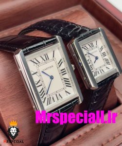 ساعت ست مردانه و زنانه کارتیه مدل تانک بند چرم مشکی صفحه سفید Cartier Tank 020658 